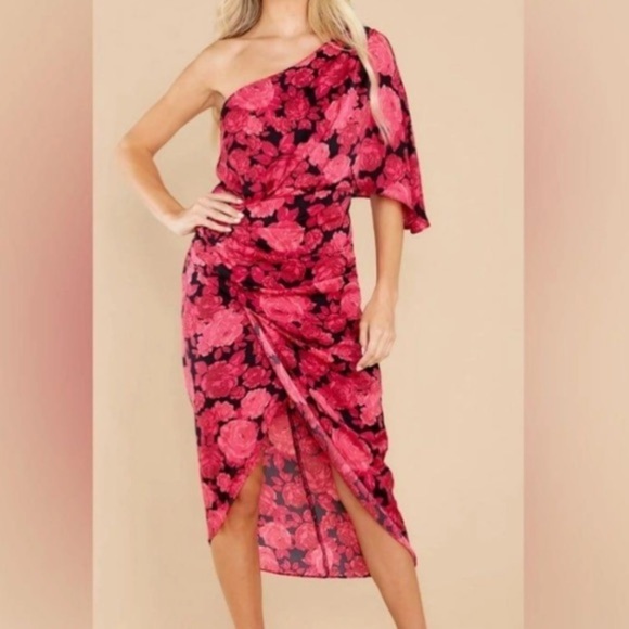 Talulah Black Pink Rose Floral Tea Party Satin One Shoulder Ruched Dress Size M - Picture 1 of 11